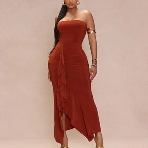 Fashion Nova Deep Rust Bodycon Dress with Asymmetrical Hem and Sleeveless Design